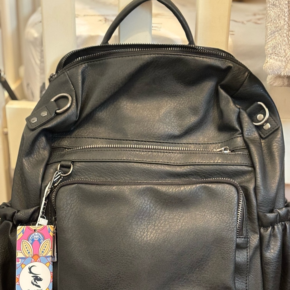 Stylish Black Faux Leather Backpack with Front Pocket